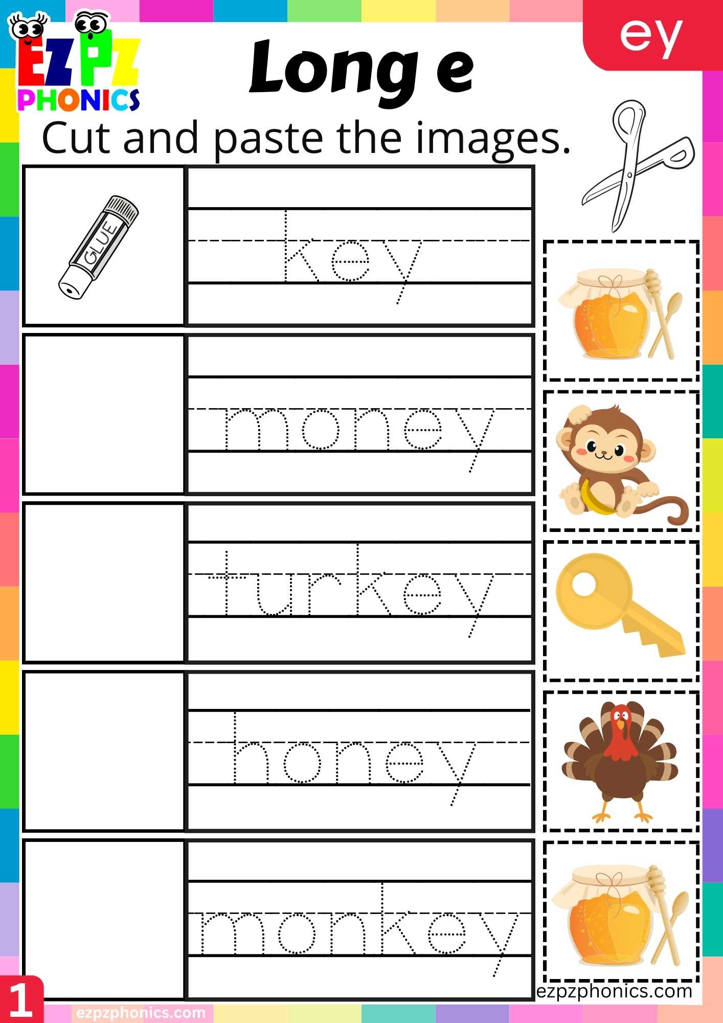 EY Words Cut And Paste The Images Long E Phonics Worksheet